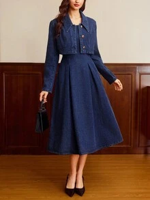 Vintamour 女士时尚通勤短款牛仔夹克和连衣裙套装 - 深色水洗藍 - 查看 6