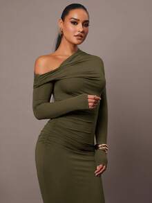 Silquee 女士简约日常约会、优雅派对、长袖、修身、性感纯色弹力针织连衣裙，斜肩领设计，浪漫约会、秋冬打底针织连衣裙、夜间外出连衣裙、万圣节和圣诞节长裙 - 軍綠色 - 查看 6