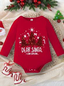 Bodys de manga larga con cuello redondo para bebé niña con estampado de árbol de Navidad y copos de nieve, adecuado para Navidad, otoño/invierno - Rojo - Ver 1