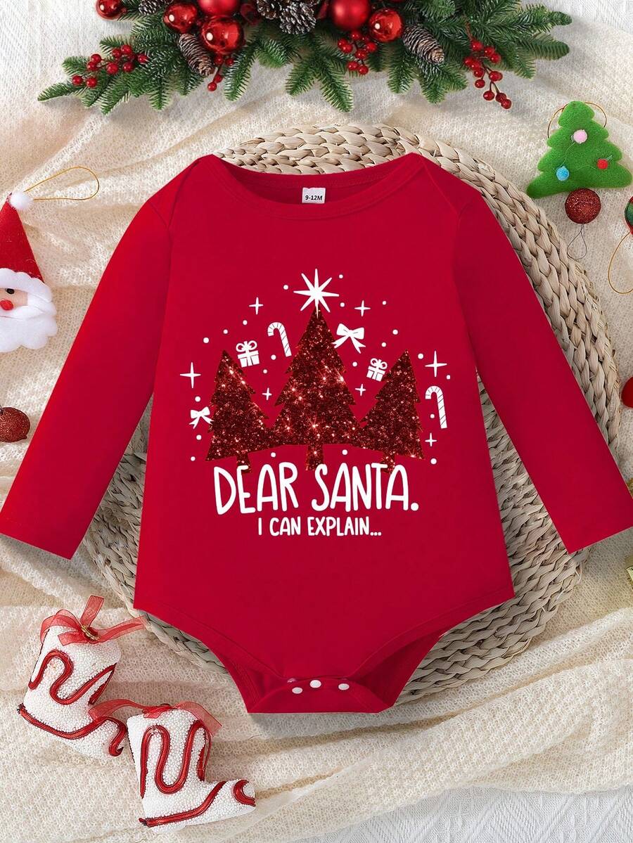 Bodys de manga larga con cuello redondo para bebé niña con estampado de árbol de Navidad y copos de nieve, adecuado para Navidad, otoño/invierno - Rojo - Ver 1