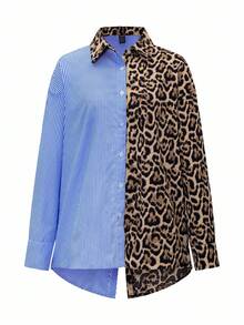 EMERY ROSE 秋季法式优雅豹纹拼色条纹宽松休闲长袖衬衫女士衬衫 - 藍色 - 查看 5