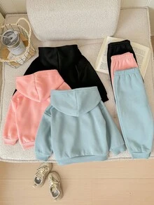Set de 6 piezas Sudadera con capucha y pantalón de cintura elástica con patrón de corazón de unicolor lindo para bebé niña, otoño/invierno