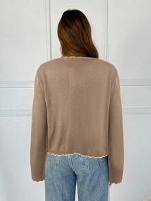 SHEIN EZwear 女士休闲撞色饰边开衫，秋季 - 咖啡棕 - 查看 2