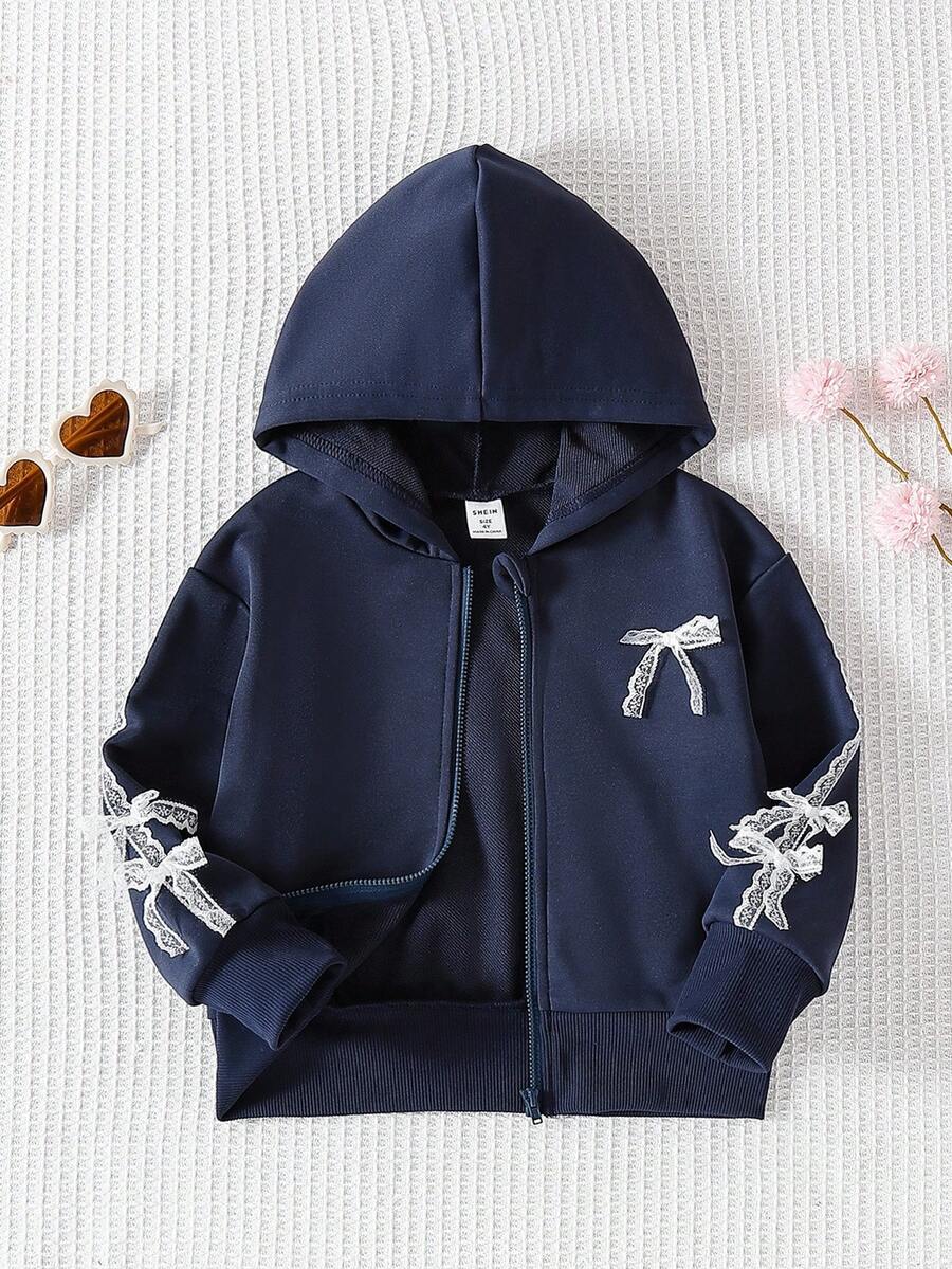 Genkimix Kids Young Girl' White Cute Lace Bowknot Ribbon Hoodie Jacket
