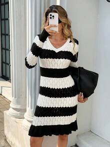 Chiquease 全新百搭黑白荷叶边下摆针织女裙 - 黑與白 - 查看 5