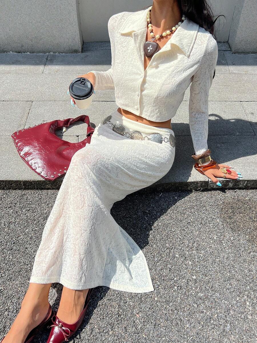 Chiquease Apricot Knit Jacquard Cropped Top + High Waist Slit Hem Pencil Skirt Elegant Office 2 Pieces Set - Apricot - View 1