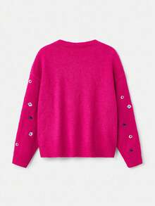 lacRébo Fluffy Relaxed Jumper With Embroidered Flowers Fall Women Clothes Autumn Outfits Fall Women Clothes Spring Summer Going Out Top Office Top - Hot Pink - View 8