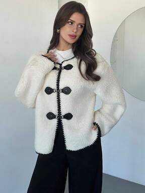 Firerie Women's Elegant Drop Shoulder Long Sleeve Button Front Design Fleece Casual Jacket Women's Contrast Collar Double-Breasted Cinched Waist Elegant Casual Commute Fashion French Style Versatile Holiday Must - Have For Women In Autumn And Winter! Soft Faux Shearling Sleeveless Cardigan Vest With Dual Pockets, Ultra - Warm And Versatile For Daily Wear Business Trench Coat, Teddy Coat,Cream/Beige, Long Sleeve, Autumn/Winter