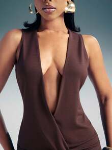 Denimoi Plunging Neck Surplice Ruched Sleeveless Mini Dress - Brown - View 2