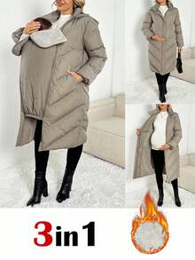 SHEIN Chaqueta casual de 3 en 1 con capucha, cremallera y manga larga de unicolor para maternidad - Verde - Ver 2