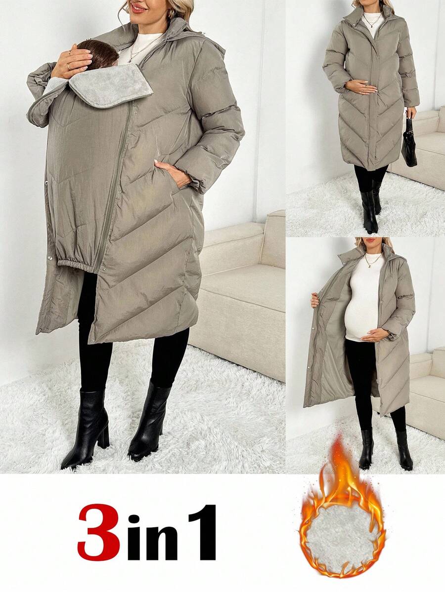 SHEIN Chaqueta casual de 3 en 1 con capucha, cremallera y manga larga de unicolor para maternidad