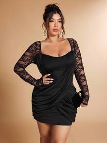 Cravure Plus Size Women's Sweetheart Neck Contrast Lace Long Sleeve Ruffle Sexy Dress - Black - View 3