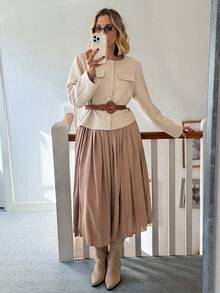 Livesso Women's Pleated Skirt Elegant 2 Pieces Set - Khaki - View 1