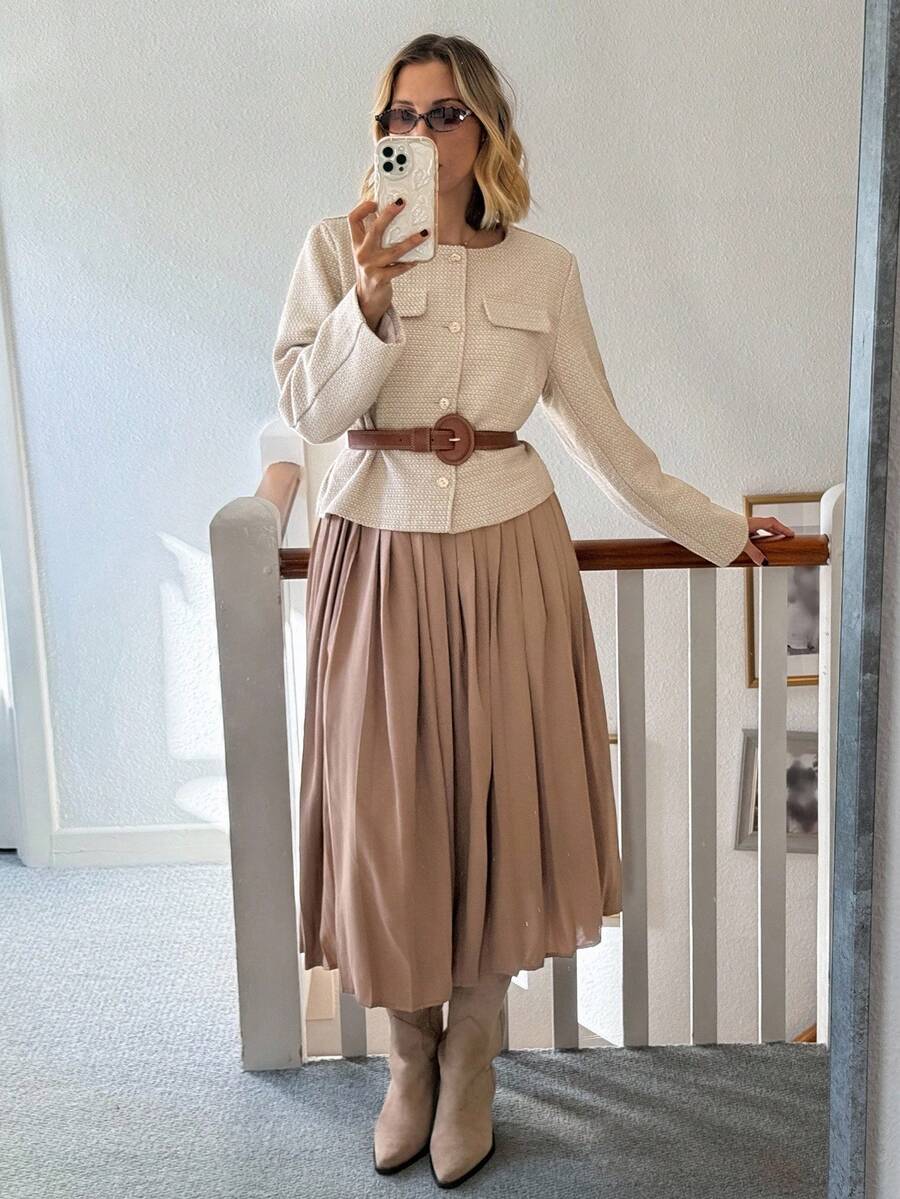 Livesso Women's Pleated Skirt Elegant 2 Pieces Set - Khaki - View 1