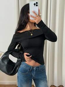 Siren Gaze Damen Schwarz Spitze Patchwork Off-Shoulder Langarm Figurbetontes T-Shirt, Herbst/Winter - Schwarz - Übersicht 4