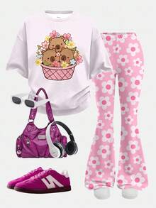 SHEIN Set de 2 piezas con parte superior de manga corta y pantalones con estampado lindo de capibara rosa para niña preadolescente, estilo minimalista casual, adecuado para verano, todo el año, ropa urbana retro, atuendos de verano, ropa casual cómoda, ropa de niños de varias capas para otoño, ropa de moda para niños, camisetas gráficas para niños, atuendo de otoño, estilo de los 2000, moda Y2K, estilo coreano