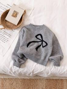 Genkimix Kids Tween Girls' Casual And Cute Bow Pattern Knitted Sweater, Can Be Paired With Various Pants Or Layered, Suitable For Autumn And Winter Seasons - Grey - View 1