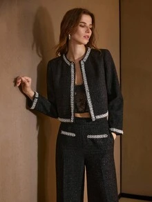 MOTF PREMIUM 粗花呢撞色夹克 - 黑色 - 查看 6