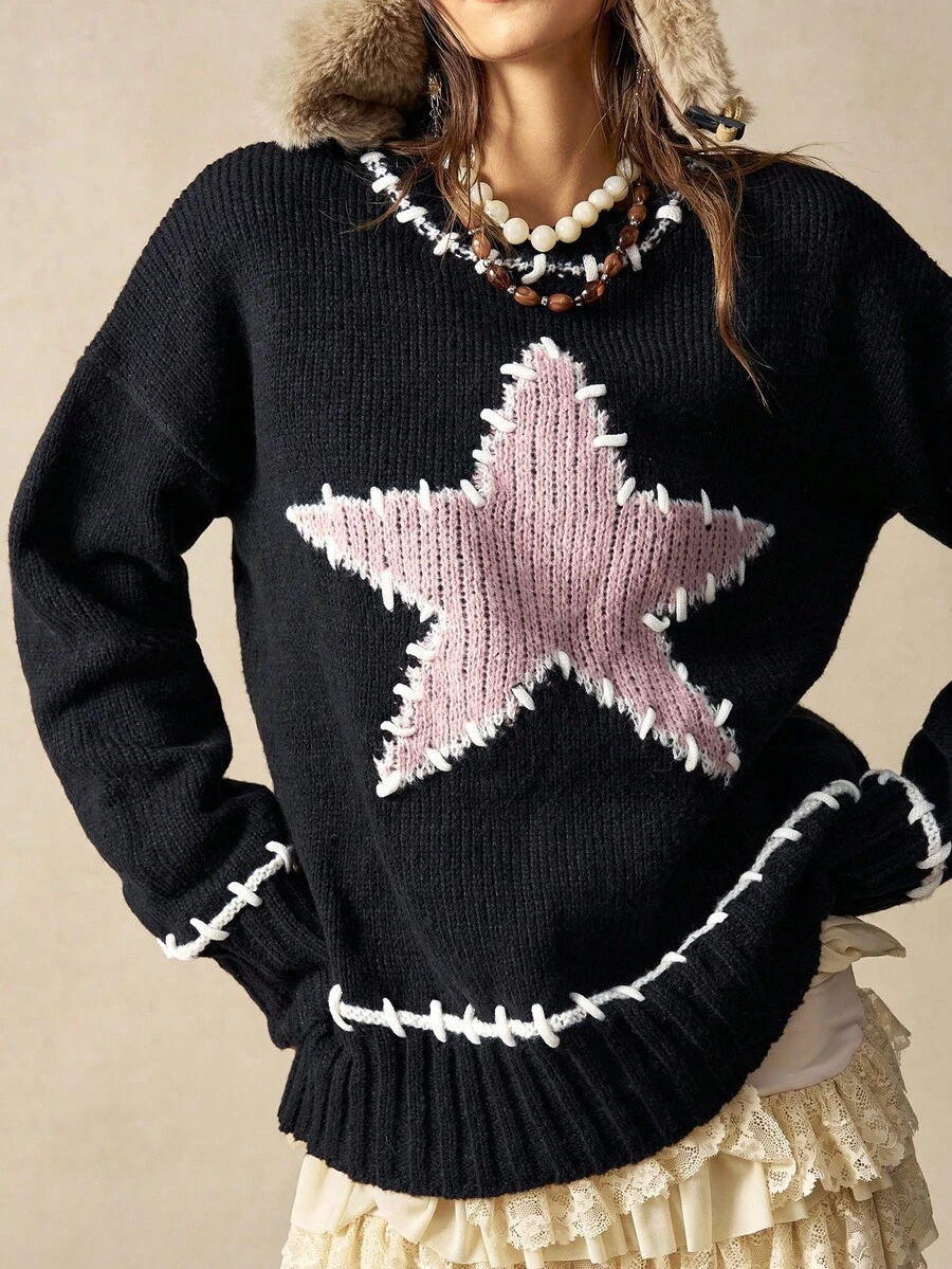 Bohemela Áo len dệt kim cổ tròn họa tiết ngôi sao cổ điển dành cho nữ mùa thu đông - màu đen - Xem 1