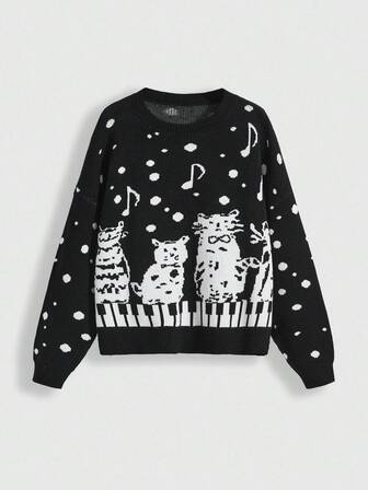 ROMWE Avant Lässiger Pullover mit Musiknote und süßer Katze aus Jacquard für Damen, langärmelig, Drop-Shoulder