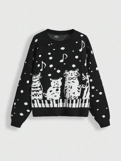 ROMWE Avant pull décontracté à manches longues et épaules tombantes pour femmes, avec motif jacquard de notes de musique et chat mignon