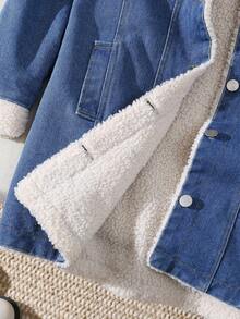 Sparklyn 女童蓝色水洗牛仔翻领仿皮草中长款夹克，休闲百搭 - 藍色 - 查看 5