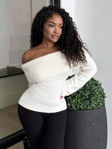 Alexandranx Off Shoulder Fold Over Sweater,Long Sleeve Tops Knit Pullover Fall Winter Outfit - Beige - View 4
