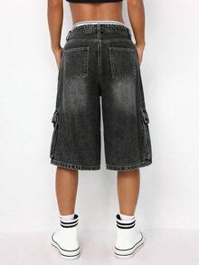 SHEIN ICON 女性休閒日常牛仔短褲，設有口袋設計 - 深灰色 - 查看 2