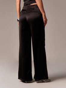 AiiRZ Wide Leg Party Pants Satin Evening Trousers Silky Wedding Reception Formal Palazzo Pants Party Evening Special Occasion High Rise - Black - View 2