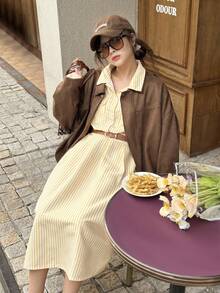 Women's Retro American Street Style Suede Zip-Up Collar Loose Casual Versatile Jacket - Coffee Brown - View 4