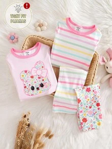 Baby Girls' Colorful Striped Floral Rabbit Print Long Sleeve Bodysuit & Pants Sleepwear Set - Multicolor - View 8