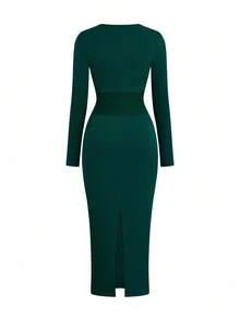 SHEIN Clasi 大码女式纯色针织 V 领腰部纽扣设计复古优雅紧身连衣裙，秋冬 - 綠色 - 查看 2