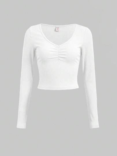 V-Neck Casual Slim Fit Ribbed Long Sleeve T-Shirt