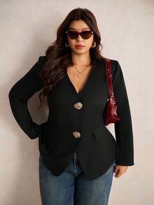 Elaquor Plus Size Women's Fashionable Elegant V-Neck Long Sleeve Blazer/ Winter - Black - View 3