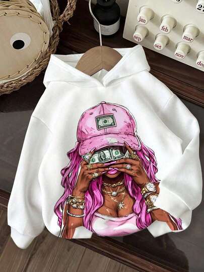 Slaydiva 白色卫衣/女士秋季服装/女士冬季服装/Y2K服装/街头服饰/返校季/休闲街头风/嘻哈风/女士休闲街头印花卫衣/嘻哈风/卡通人物和迷彩图案，女士秋季服装