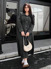 SHEIN ICON 大码纯色休闲长袖牛仔连衣裙 - 深灰色 - 查看 3