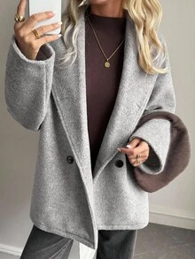 Livesso 女士宽松针织混纺外套，休闲商务风，适合办公室穿着，秋冬季女士外套 - 灰色 - 查看 6