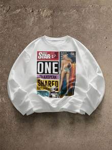 AXEPEAK 男士休闲标语图案套头衫，秋季，秋冬 - 白色 - 查看 1