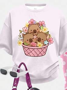 SHEIN Set de 2 piezas con parte superior de manga corta y pantalones con estampado lindo de capibara rosa para niña preadolescente, estilo minimalista casual, adecuado para verano, todo el año, ropa urbana retro, atuendos de verano, ropa casual cómoda, ropa de niños de varias capas para otoño, ropa de moda para niños, camisetas gráficas para niños, atuendo de otoño, estilo de los 2000, moda Y2K, estilo coreano