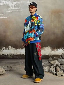 BATMAN X SHEIN Men's Casual Fashionable Street Anime Figure & Letter Graphic Zip-Up Long Sleeve Jacket, Spring/Autumn