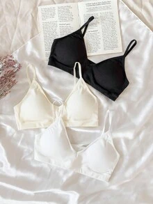 Bộ 3 áo hai dây gân mềm mại, thanh lịch, đơn giản, thoải mái hàng ngày, màu đen và trắng cho bé gái - Nhiều màu - Xem 1