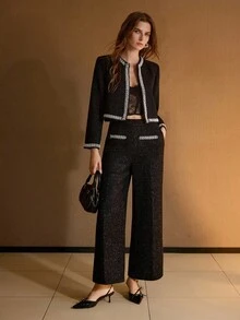 MOTF PREMIUM 粗花呢撞色夹克 - 黑色 - 查看 5