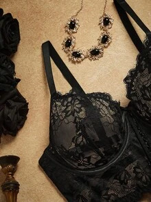 PinupPomp 2pcs Plus Size Elegant Sexy Lace Lingerie Set, Lift Gothic Lingerie Set Lace Bra Set Black Lace Bra Set