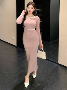 DAZY 2pcs Women Contrast Trim Cardigan & Knit Skirt Set - Pink - View 8