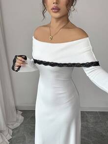Selianne 女士优雅露肩蕾丝边长裙，适合通勤 - 杏色 - 查看 6