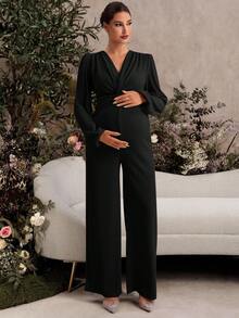 SHEIN Elegant Party Solid Color Twist Lantern Sleeve Jumpsuit For Pregnant Women Long Sleeve Jumpsuit Maternity Jumpsuit Maternity Rompers Elegant Jumpsuits Maternity Clothes - Black - View 3