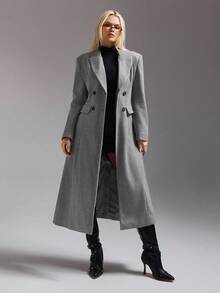 SHEIN ICON Abrigo gris oversize de inspiración vintage, con cintura ceñida y ajuste relajado para ir al trabajo y salidas casuales, otoño/invierno - Gris - Ver 7