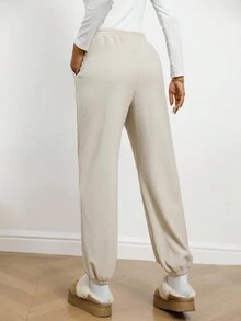 SHEIN LUNE Pantalones jogger casuales de mujer con cintura elástica, bolsillos y forro térmico, para otoño/invierno - Albaricoque - Ver 2