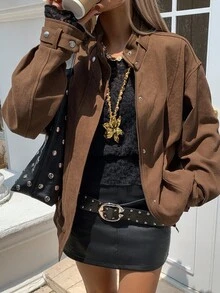 Livesso Áo khoác nữ tay dài trễ vai màu trơn có khóa kéo thường ngày, mùa thu - Cà phê nâu - Xem 4