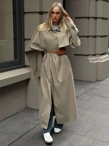 Aloruh 女式休闲裹领收腰长款风衣，秋冬 - 卡其色 - 查看 3